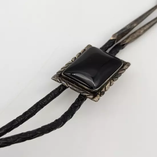 Vtg Onyx & Sterling Silver Nakai Navajo Signed Rectangle Bolo Tie Black Leather