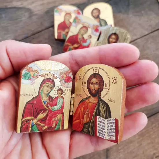 Virgin Mary and Jesus Christ bedside table miniature small wooden diptych icon