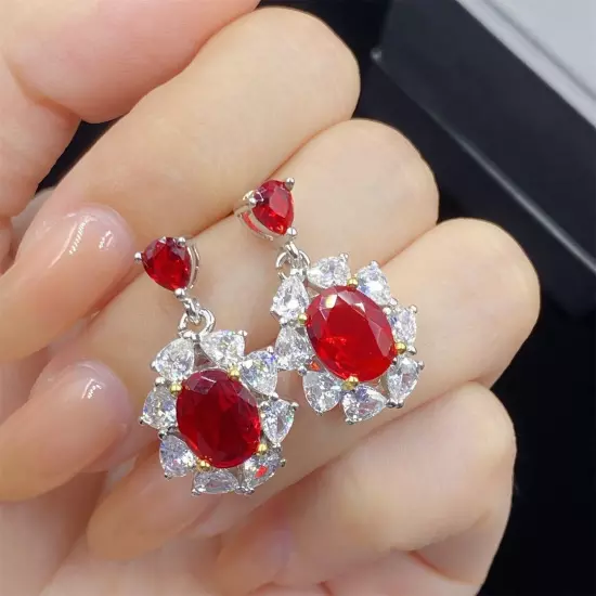 New Luxury Flower Red Garnet Topaz Gems Women Girl Jewelry Dangle Stud Earring