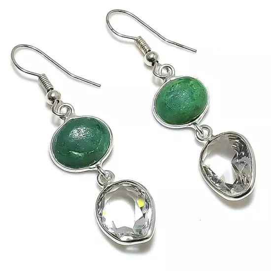 Emerald(Simulated), White Topaz 925 Sterling Silver Jewelry Earring 1.97" r854