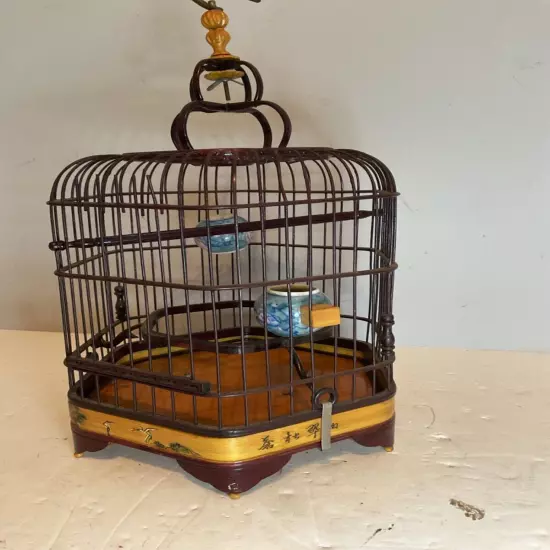 Vintage Asian Bamboo Bird Cage Painted Birds and Porcelain Feeders Nice!