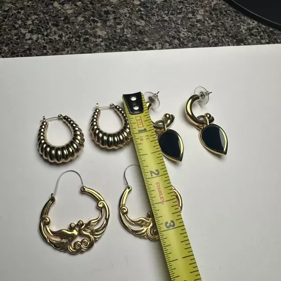 Retro Mix Hoop / Dangle Pierced Earrings Lot Of 3 Gold Tone 1 Black Enamel