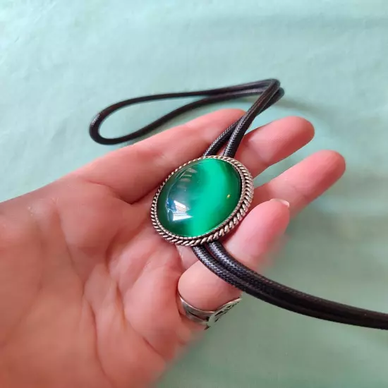 Signed HTL Healthy True Love Green Cats Eye Glass Bolo Tie