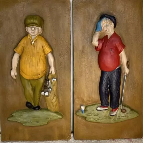 Vintage Lot Of 2 Chalkware Golfers Wall Hanging 3D Sculpture Golf Man Cave Decor