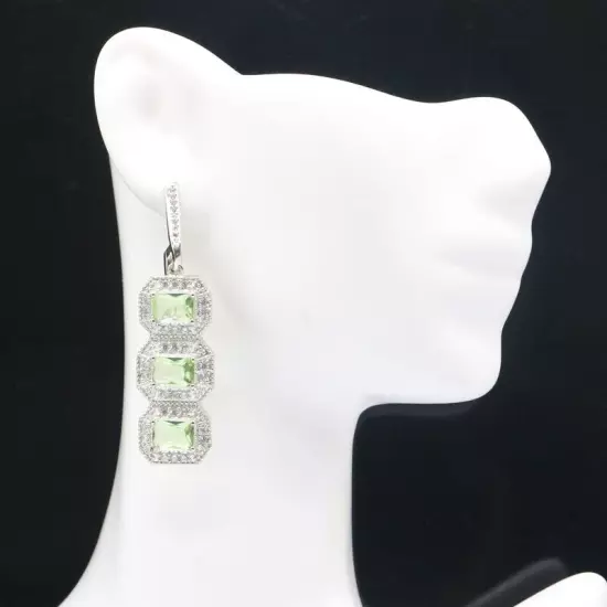 Unique Created Green Tsavorite Garnet White CZ Bride Wedding Silver Earrings