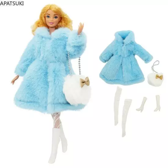 Blue Faux Fur Coat Clothes Set For 11.5" Doll Outfits Socks Boots Bag 1/6 Dolls