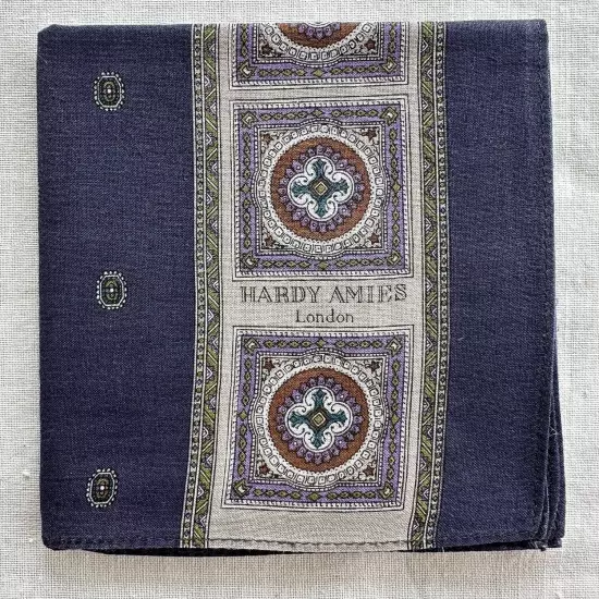 Hardy Amies London Handkerchief Vintage Blue Cotton Geometric Pocket Square 19"