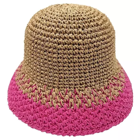 DIONA J TWO TONE STRAW BUCKET HAT ONE SIZE COLOR FUCHSIA