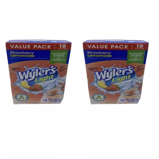 2 Wylers Light Singles to Go Sugar Free Strawberry Lemonade Drink Mix 36 Sticks