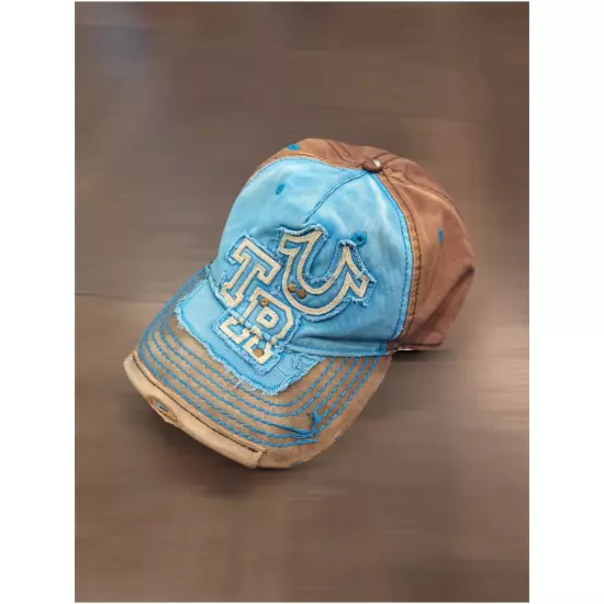 Rare TRUE RELIGION Horseshoe Baseball Cap Hat Distressed Vtg Blue Brown 