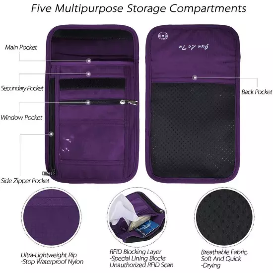 Travel Neck Pouch Waterproof Passport Holder with RFID Blocking Purple