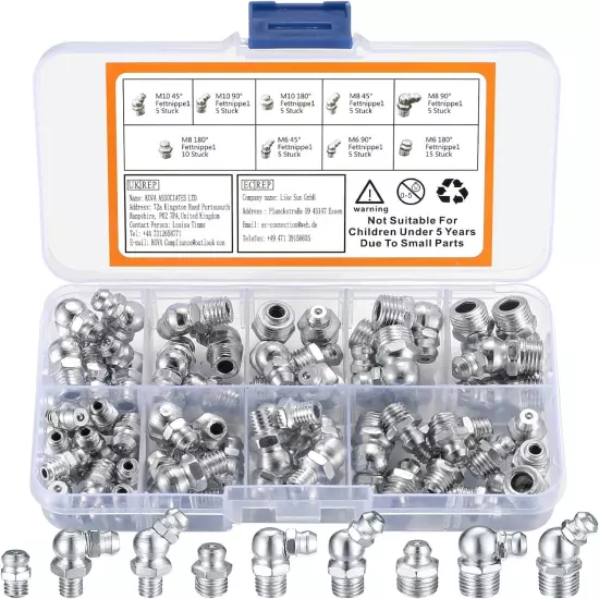 Metric Grease Fittings Kit, 60 Pcs Hydraulic Grease Zerk Assortment Kit, 45 90 D