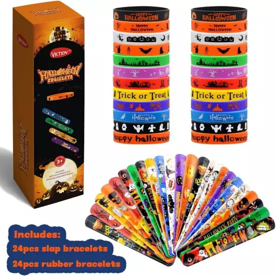 48Pcs Halloween Party Favors Slap Bracelets Rubber Assorted 