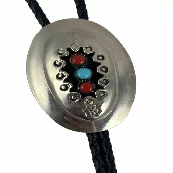 Vtg Bolo Tie Black Cord Silvertone Oval Cut Out Red & Blue Stones