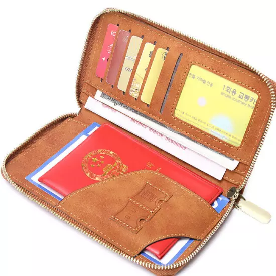 RFID Leather Travel Passport Case Cover Zipper Wallet Card Holder with Wristband