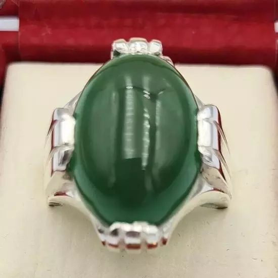 Handmade Silver Ring - Green Yemeni Aqeeq Yamani Akik Agate