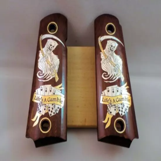 Colt 1911 custom engraved wood grips gold silver reaper skull cards dice