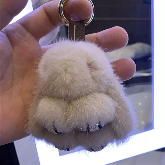 Real Mink Fur Rabbit Bunny w Rhinestone Feet Keychain Bag Pendant Charm Keyring