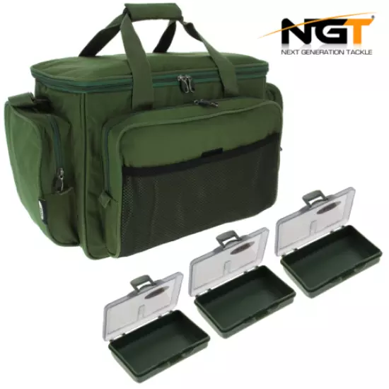 NGT CARP FISHING GREEN INSULATED TACKLE BAG HOLDALL 709 + 3 x TACKLE BIT BOXES