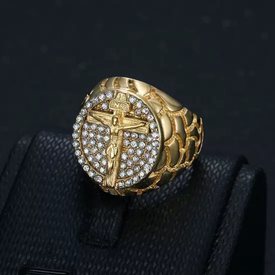 Hip Hop Stainless Steel Jesus Cross Casting Ring 18k Real Gold Plated Jewelry