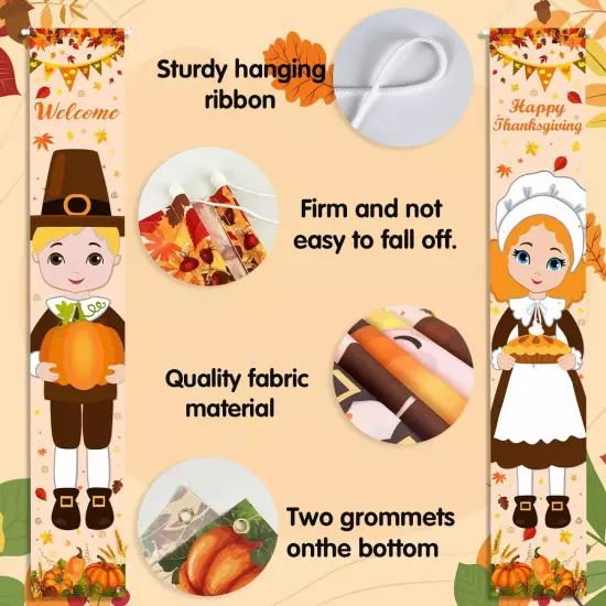 Fall Decorations Porch Banner Thanksgiving Decorations Pilgrim Boy and Girl P...