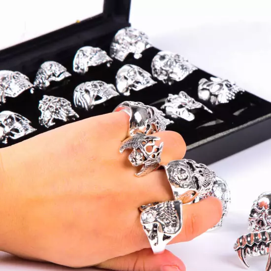 Wholesale 20pcs Skull Silver Biker Punk Party Gifts Fashion Jewelry Men's Rings