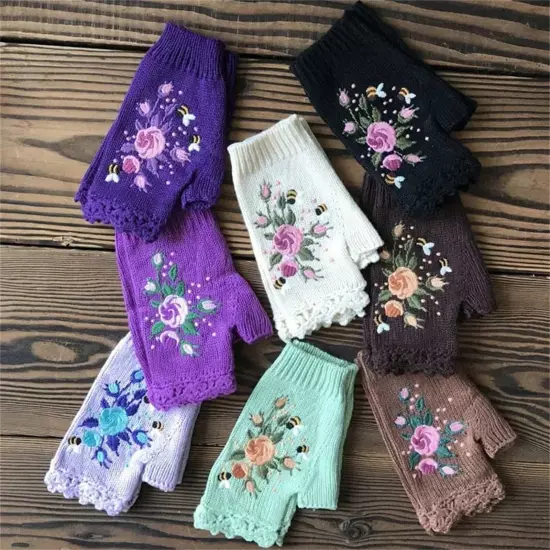 Women Handmade Embroidery Gloves Knit Gloves Flower Gloves Hand Knit Fingerless