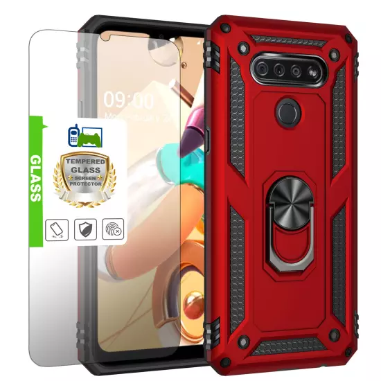 For LG K51 Q51 Reflect Case Shockproof Ring Stand Phone Cover w/ Tempered Glass