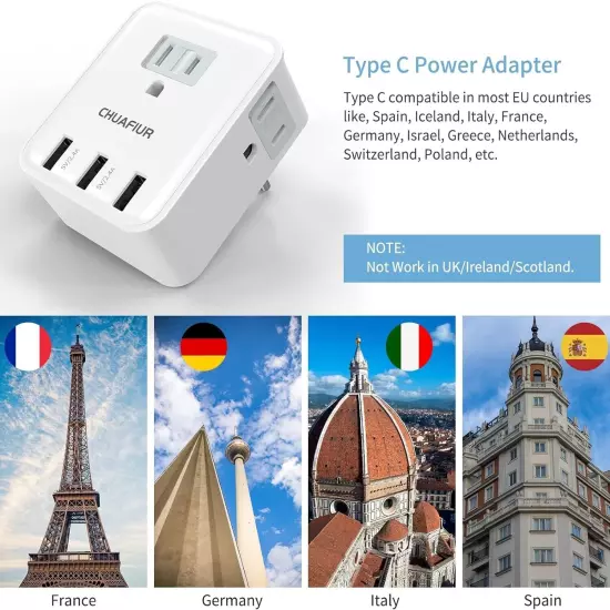 European Plug Adapter Travel Power Plug Adapter with 4 Outlets 3 USB Ports