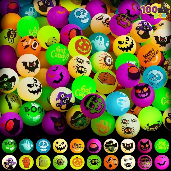 JOYIN 100 PCS Halloween Glow in The Dark Bouncing Balls, 20 Designs... 