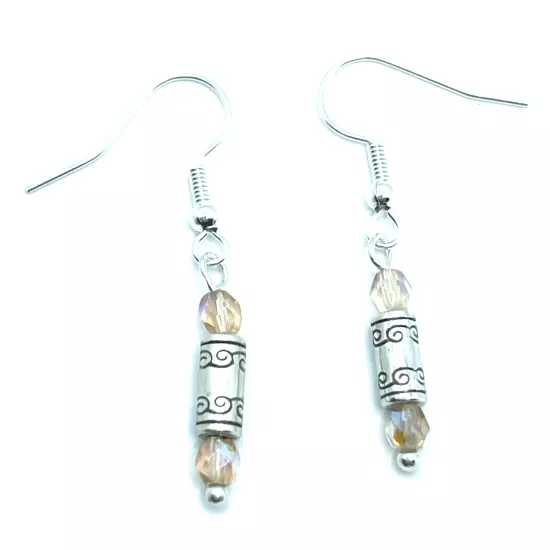 Brighton Gleam Etched Silver Cylinders & Peach Beads Dangle Custom Earrings