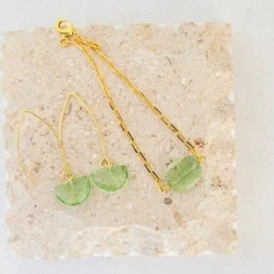 GORGEOUS Bundle Green Amethyst Gemstone Bracelet & Dangle Earrings Gold chain