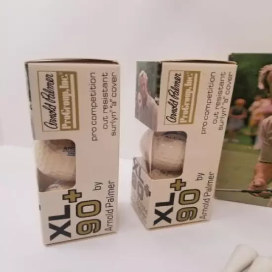 1976 Arnold Palmer Xl+90 Golf Balls in original box, 6 balls and assorted tees