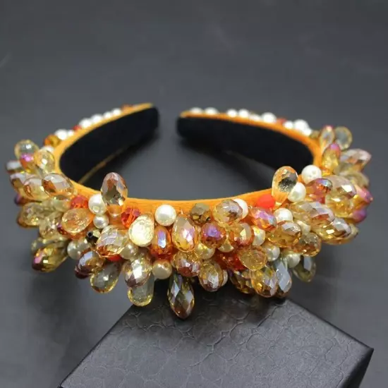 LUXURY HANDMADE ORANGE BEADS & PEARLS HEADBAND HAIR ACCESSORY, BRIDAL OR RACES