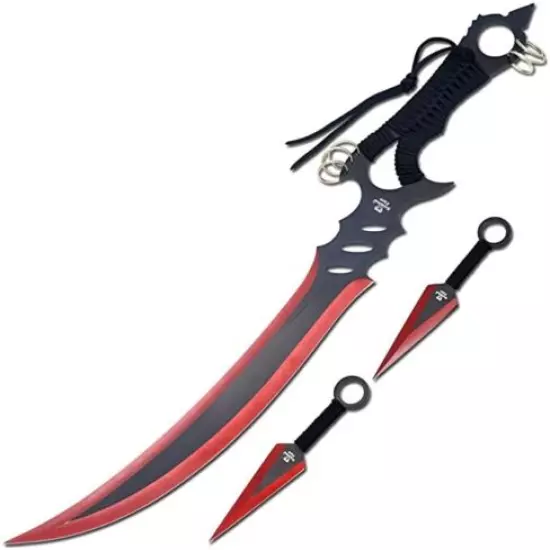 Snake Eye Tactical Red Ninja Sword and 2 Pc Kunai/Throwing Knife Set with Sheath