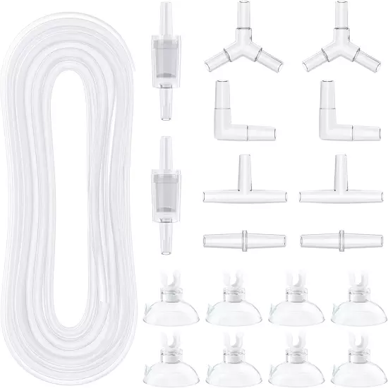 25ft Aquarium Air Pump Tubing Set with Suction Cups, Connectors & Check Valves