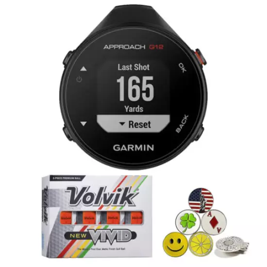 Garmin Approach G12 Golf GPS & Volvik New VIVID Ball, 5 Ball Markers, 1 Hat Clip