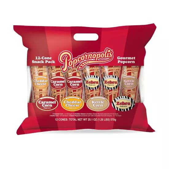 Gourmet Popcorn Snacks, 12 Cone Variety Snack Packs (Gift Cone), Zebra Popcorn, 