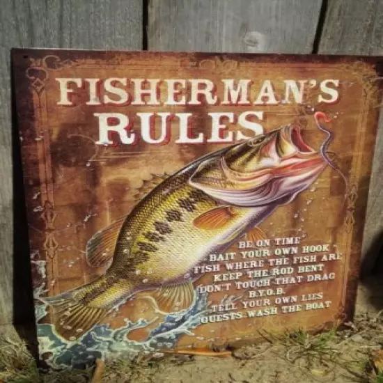 Fishermans Rules Tin Metal Wall Garage Bar Sign Jumping Bass Decor Classic Cabin