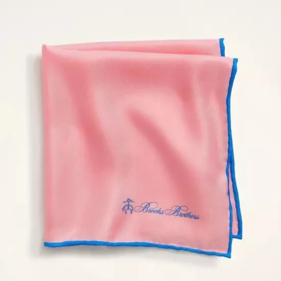 Brooks Brothers Pink Pocket Square Handkerchief Hanky 100% Silk 17x17" blue trim