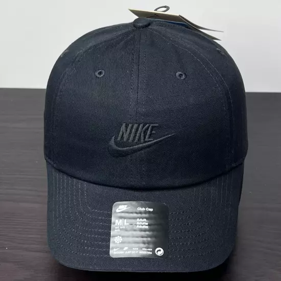 NEW! Nike Club Hat Cap Adult Adjustable M/L Black Blackout Logo Golf Unisex