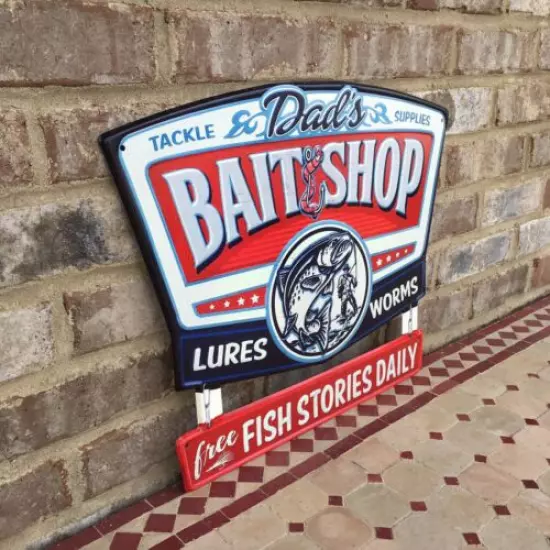 Dads Bait Shop Lures Worms Fish Stories Tackle Metal Sign Bass Man Cave Art Gift