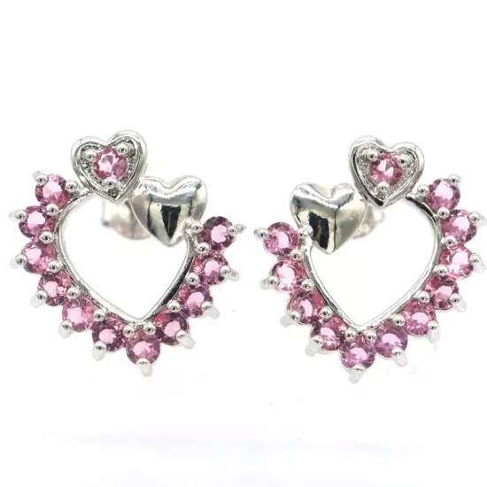 Pretty Heart Shape Pink Tourmaline White CZ Gift For Girls Silver Earrings