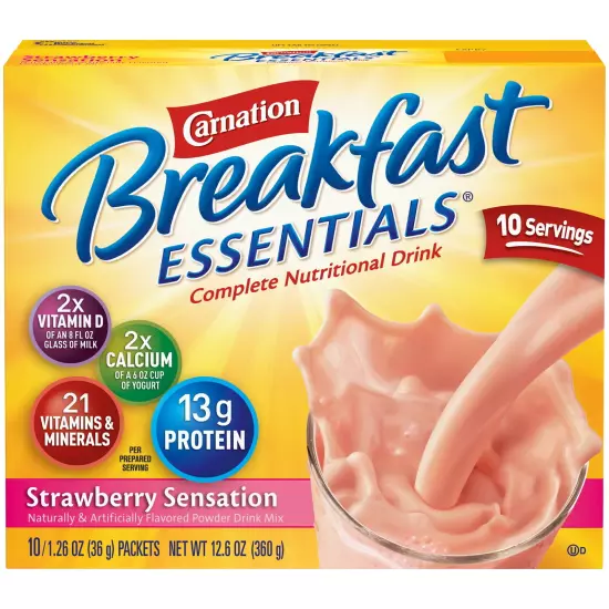 Carnation Breakfast Essentials Nutritional Drink Mix, Strawberry Sensation 10ct.