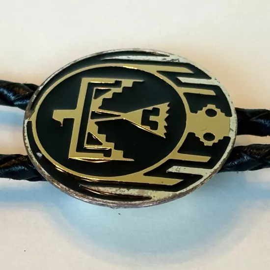 Vtg THUNDERBIRD Bolo Tie Western Necktie Black Leather Cord 1.5" Round Slide