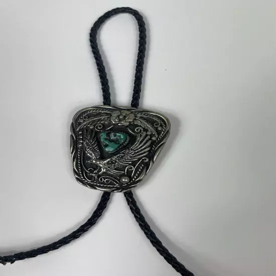 Vintage Bolo Tie w/ Eagle + Turquoise SSI USA Silver Tone Southwest/Western