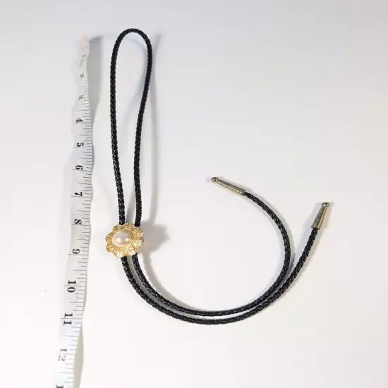 Bolo Tie Black Braided Cord and Faux Pearl Circle Slide Pendant Gold Tone