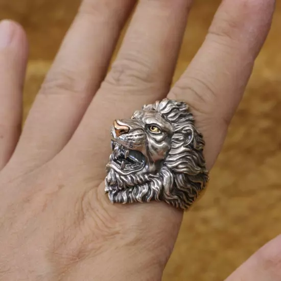 Brass Eyes Copper Nose 925 Sterling Silver King of Lion Ring TA432A US 12