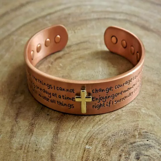 Pure Copper Magnetic Bracelet Arthritis Pain Therapy Cuff Serenity Prayer Cross