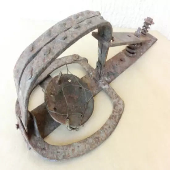 18c Vintage Antique Hand Forged Iron ANIMAL TRAP w/ Strong Spring & Wrought Jaws